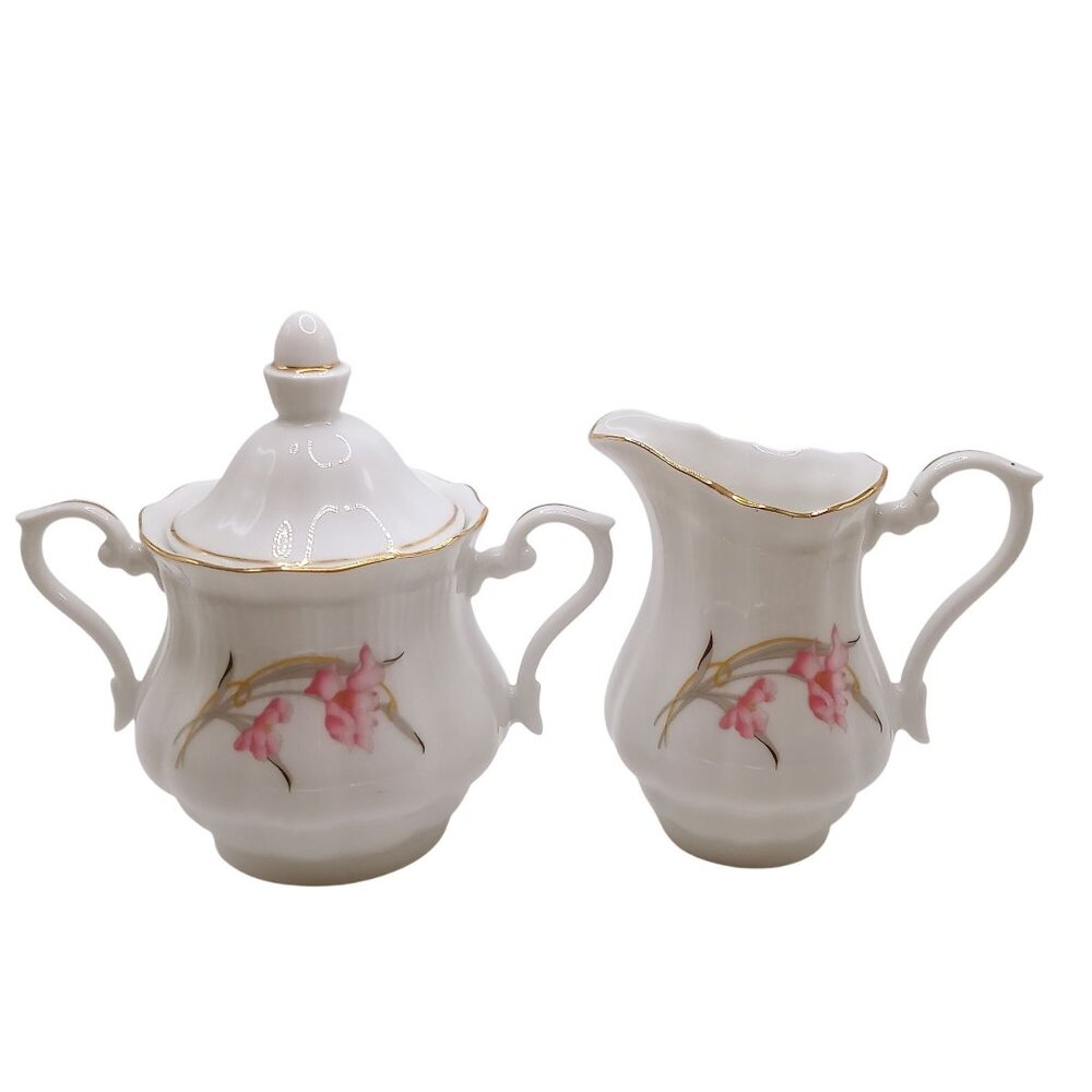 Walbrzych Poland Sugar Bowl Creamer Set Porcelain Gold Trim Floral Design VTG